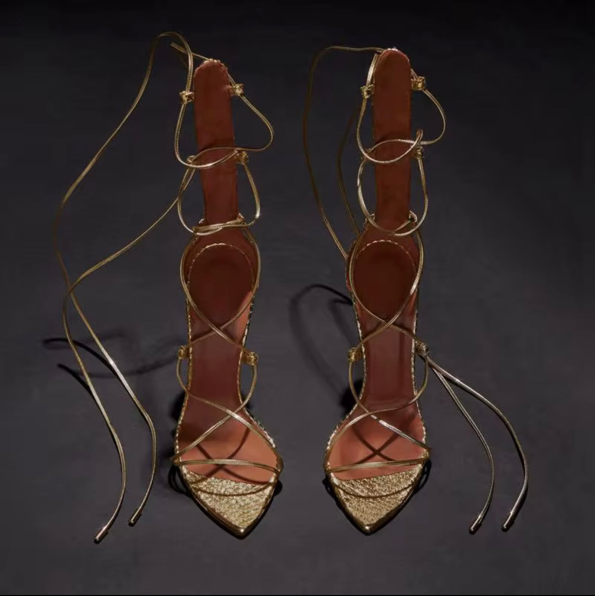 Pre-order Gold Strap Lace Up Pointed Toe High Heels (Shipping est. Oct 30th)