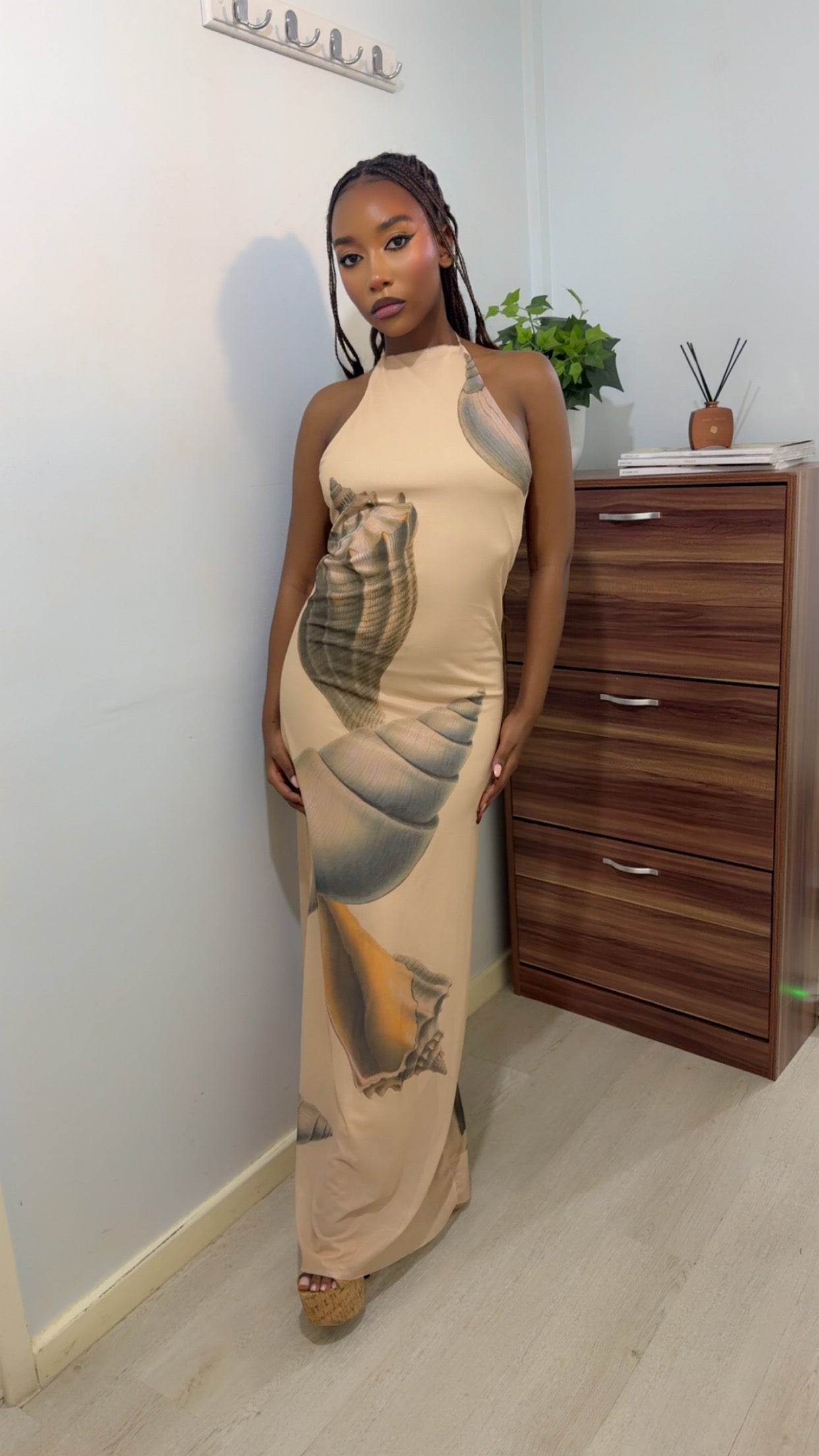Pre-order Halter-Neck Mesh Printed Maxi Dress (Shipping est. Oct 20th)